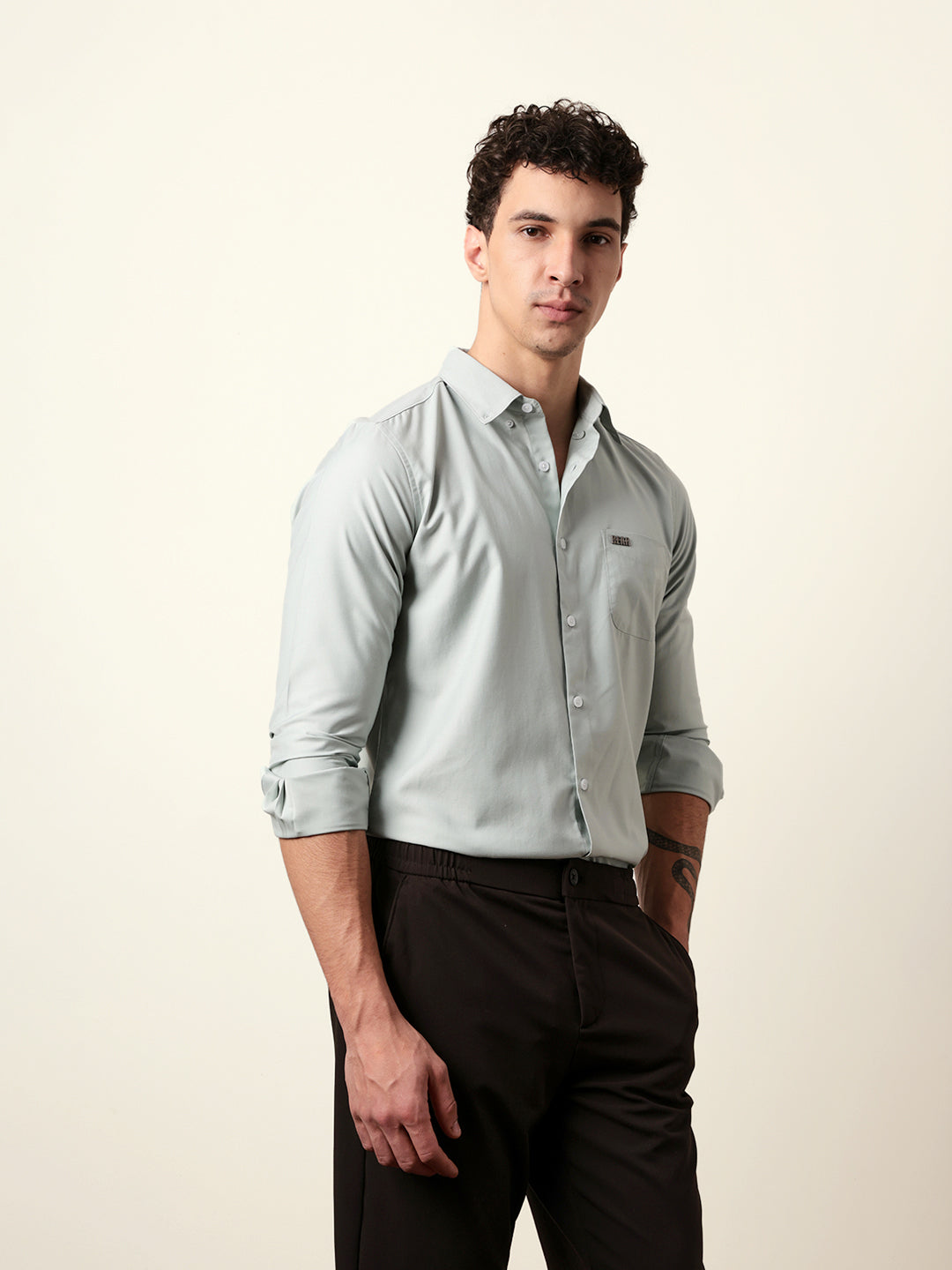 Light Green Solid Slim Fit Casual Shirt with a Classic Semi-Formal Look