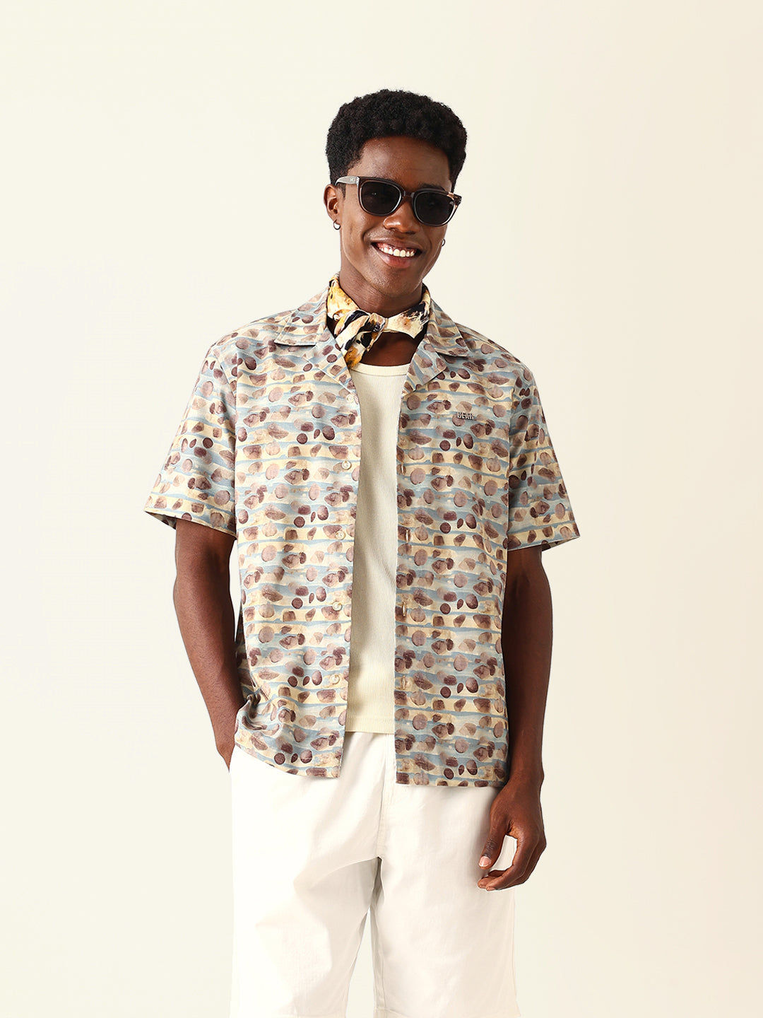 Multicolor Circular Abstract Printed Relaxed Fit Cuban Collar Casual Shirt