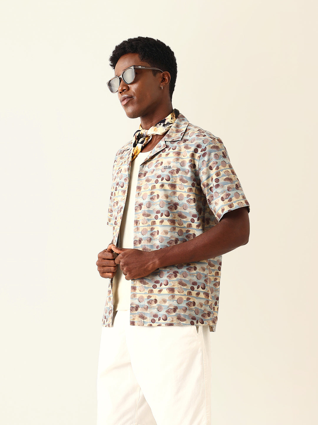 Multicolor Circular Abstract Printed Relaxed Fit Cuban Collar Casual Shirt