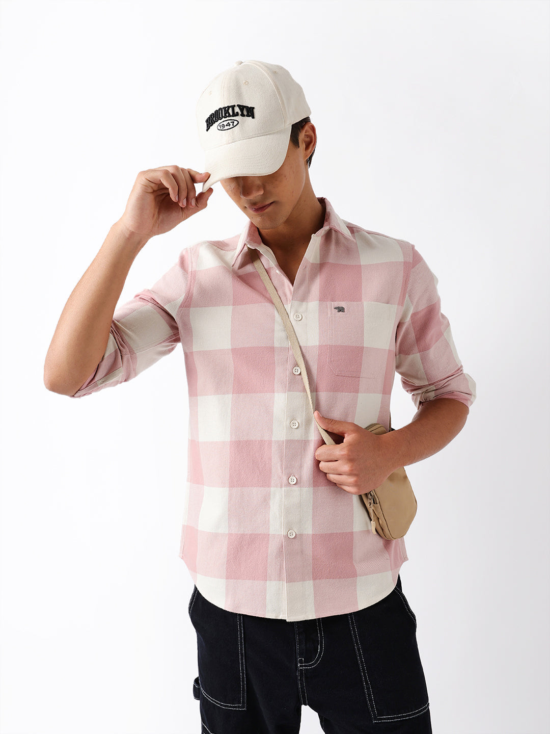 Pink & Cream Flannel Block Check Regular Fit Casual Shirt