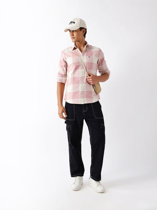 Pink & Cream Flannel Block Check Regular Fit Casual Shirt