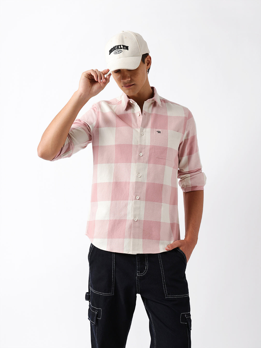 Pink & Cream Flannel Block Check Regular Fit Casual Shirt