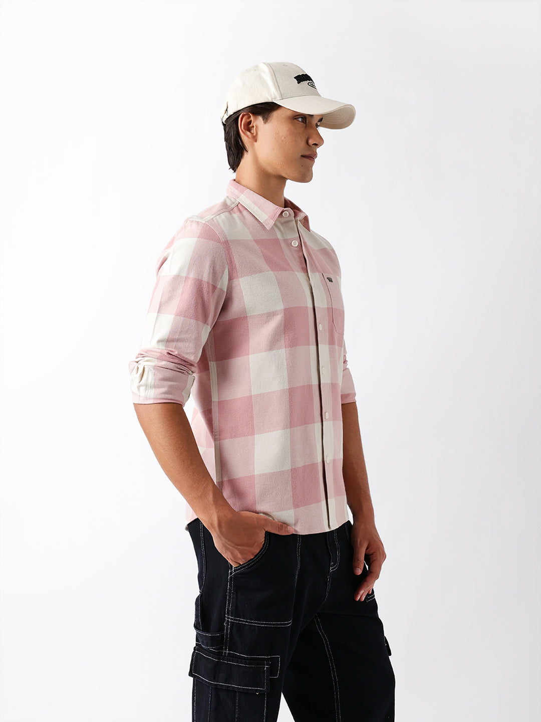 Pink & Cream Flannel Block Check Regular Fit Casual Shirt