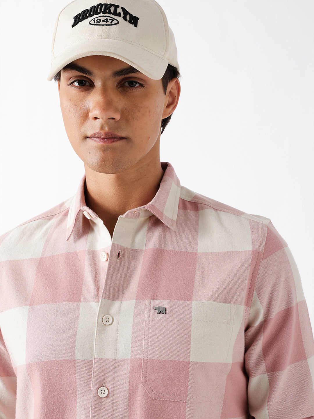 Pink & Cream Flannel Block Check Regular Fit Casual Shirt