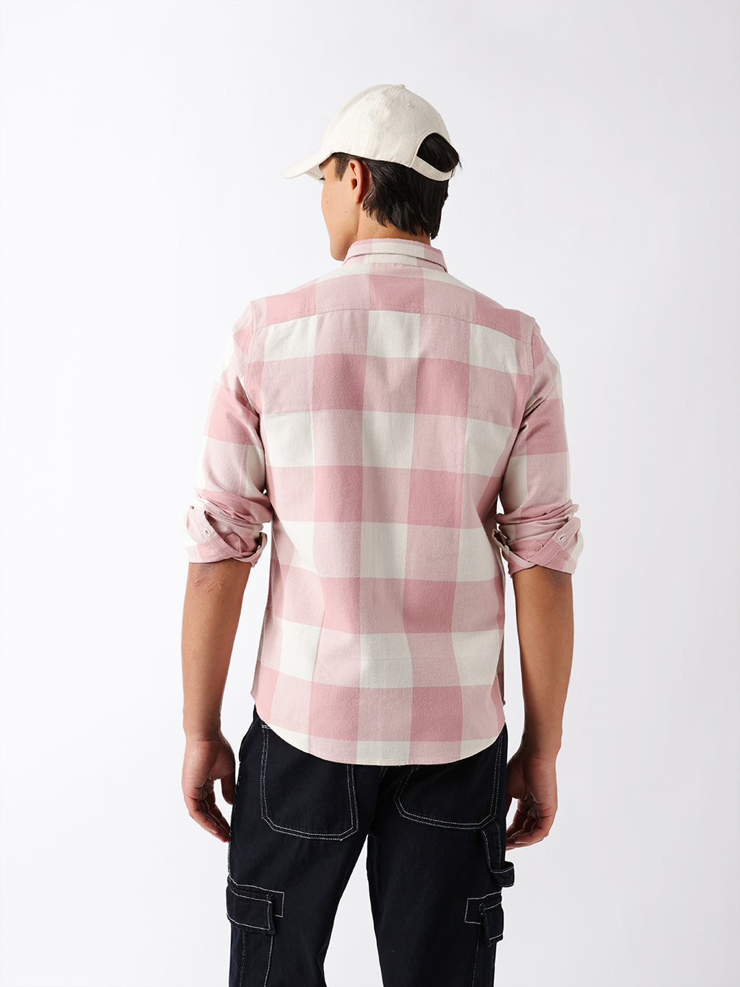 Pink & Cream Flannel Block Check Regular Fit Casual Shirt