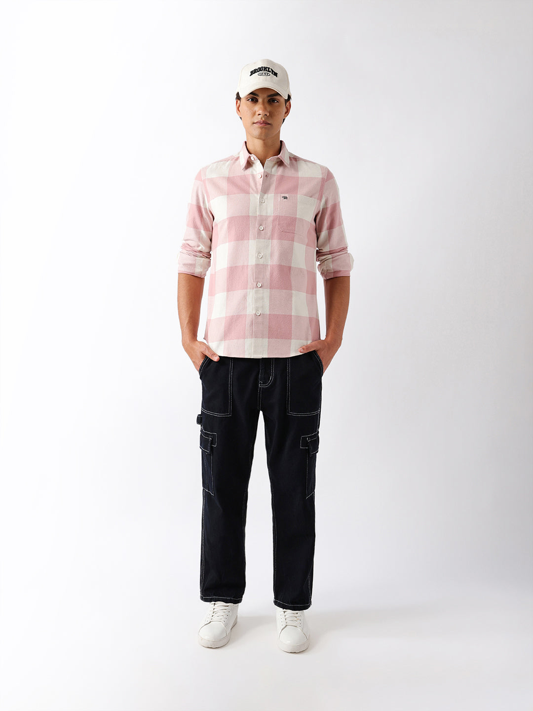Pink & Cream Flannel Block Check Regular Fit Casual Shirt