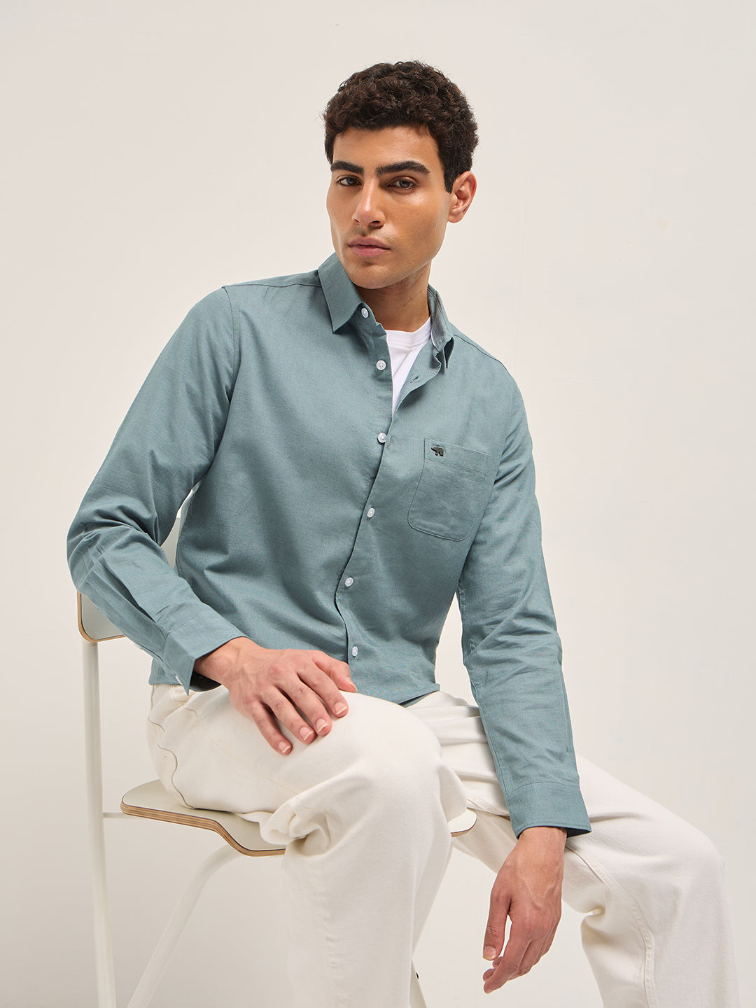 Teal Blue Cotton Linen Slim Fit Solid Casual Shirt