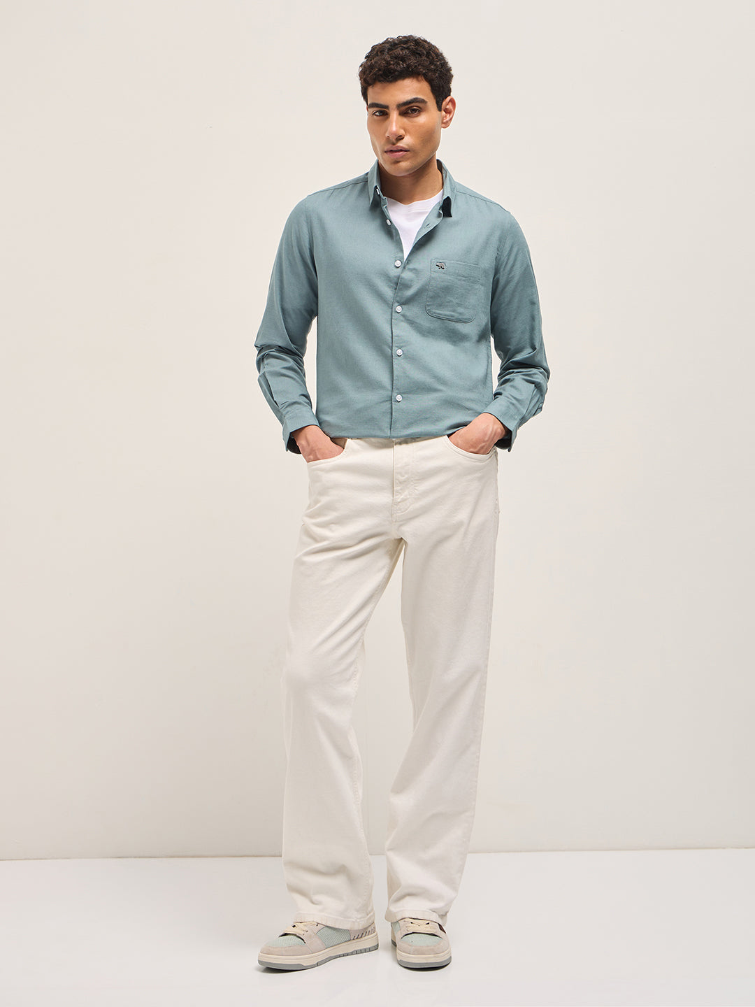 Teal Blue Cotton Linen Slim Fit Solid Casual Shirt