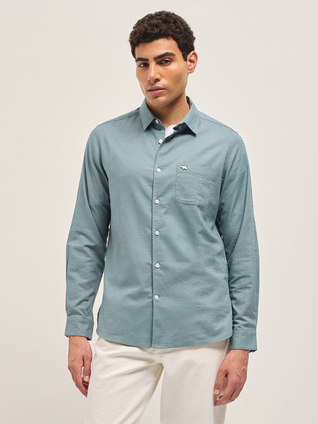 Teal Blue Cotton Linen Slim Fit Solid Casual Shirt