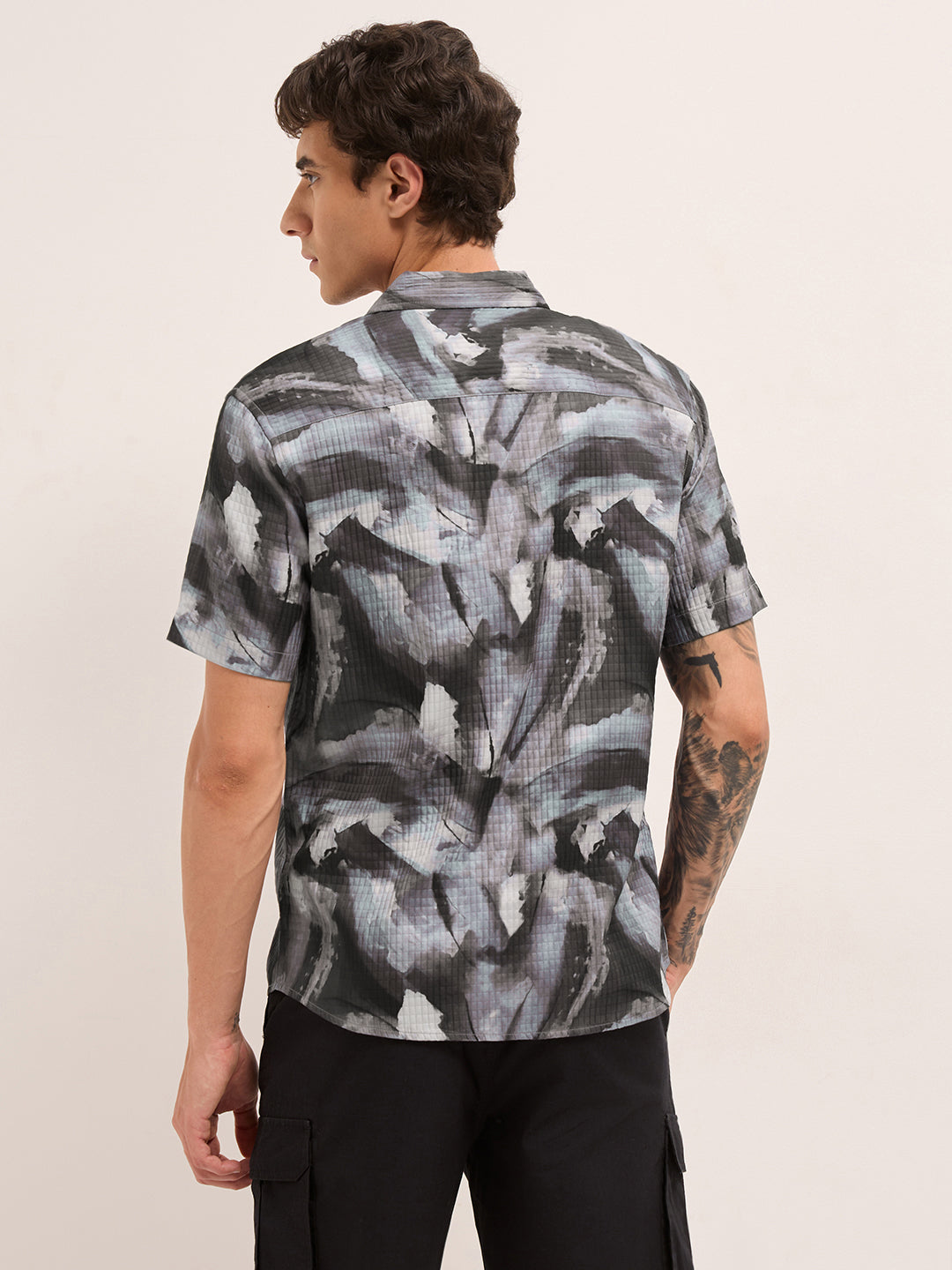 Grey Textured Check Abstract Digital Print Relaxed Fit Casual Shirt