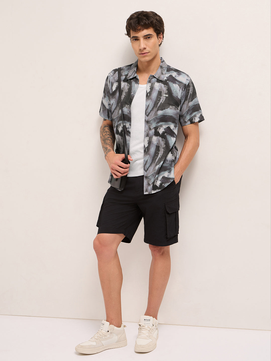 Grey Textured Check Abstract Digital Print Relaxed Fit Casual Shirt