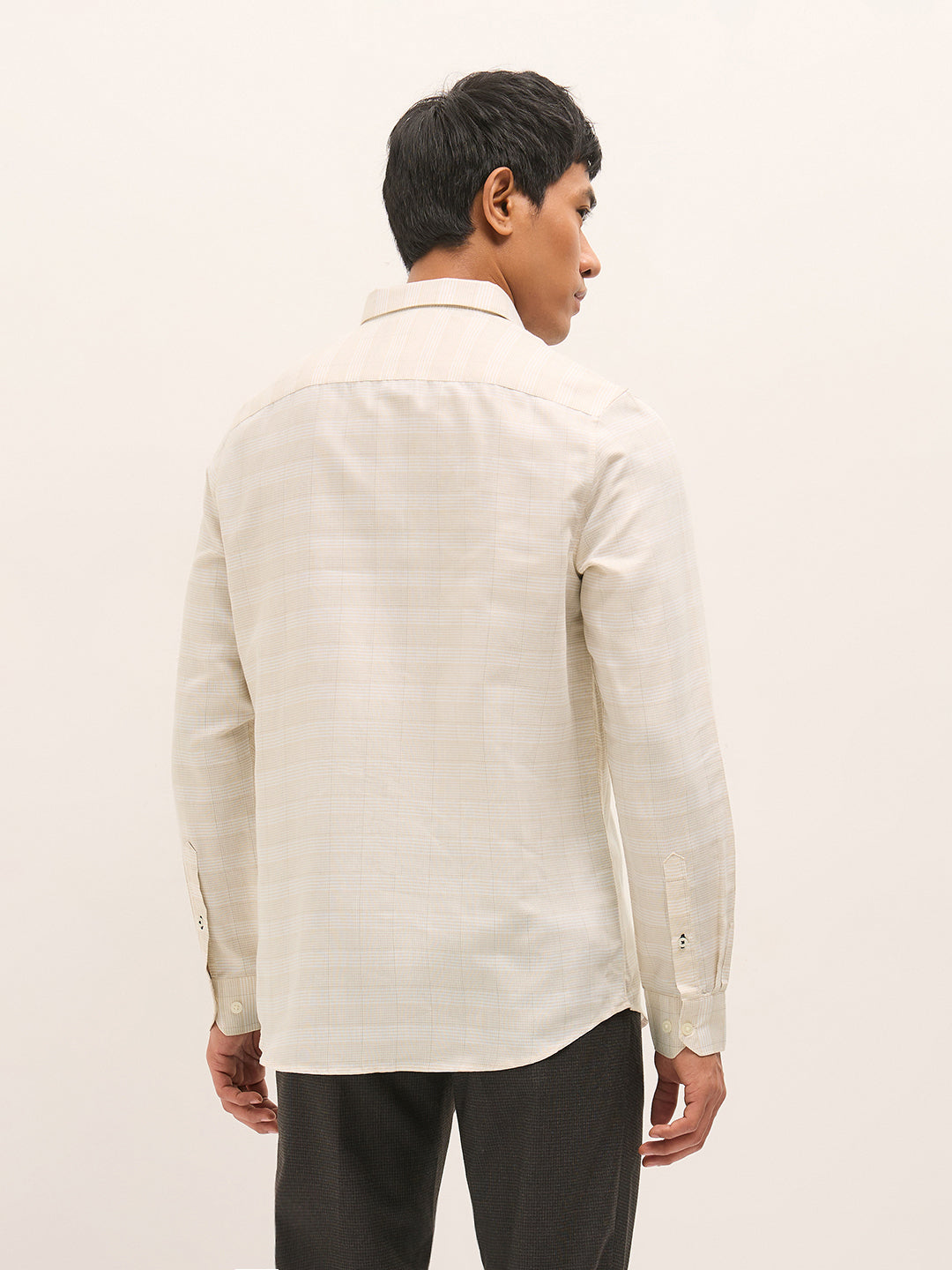 Beige Woven Checked Design Tailored Fit Formal Shirt