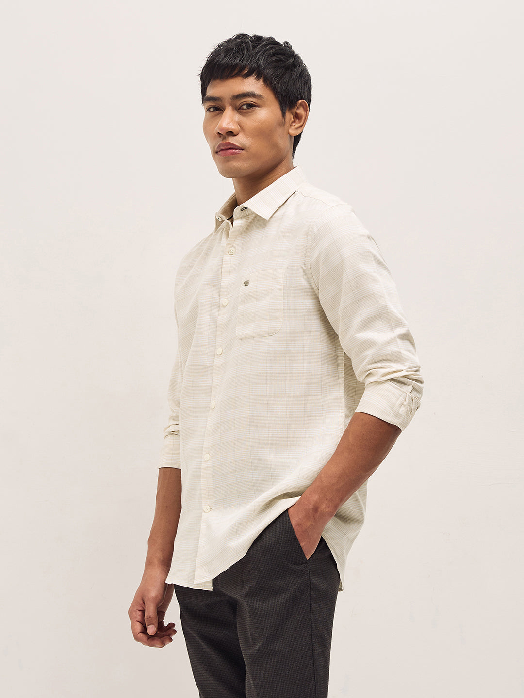 Beige Woven Checked Design Tailored Fit Formal Shirt