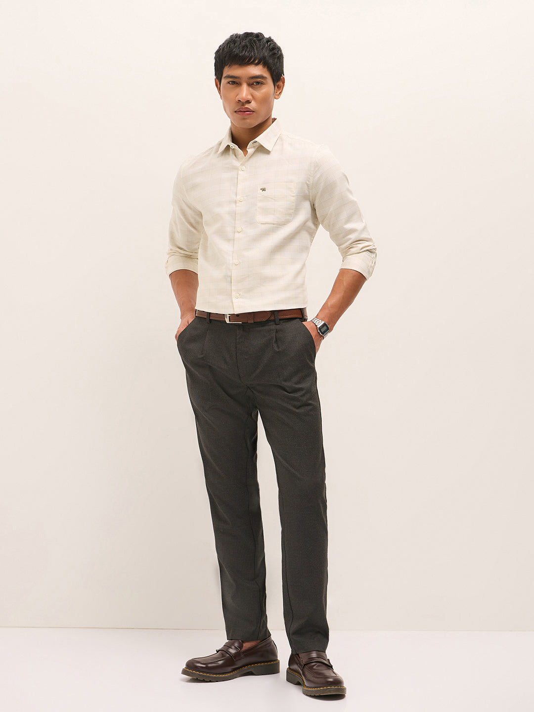 Beige Woven Checked Design Tailored Fit Formal Shirt