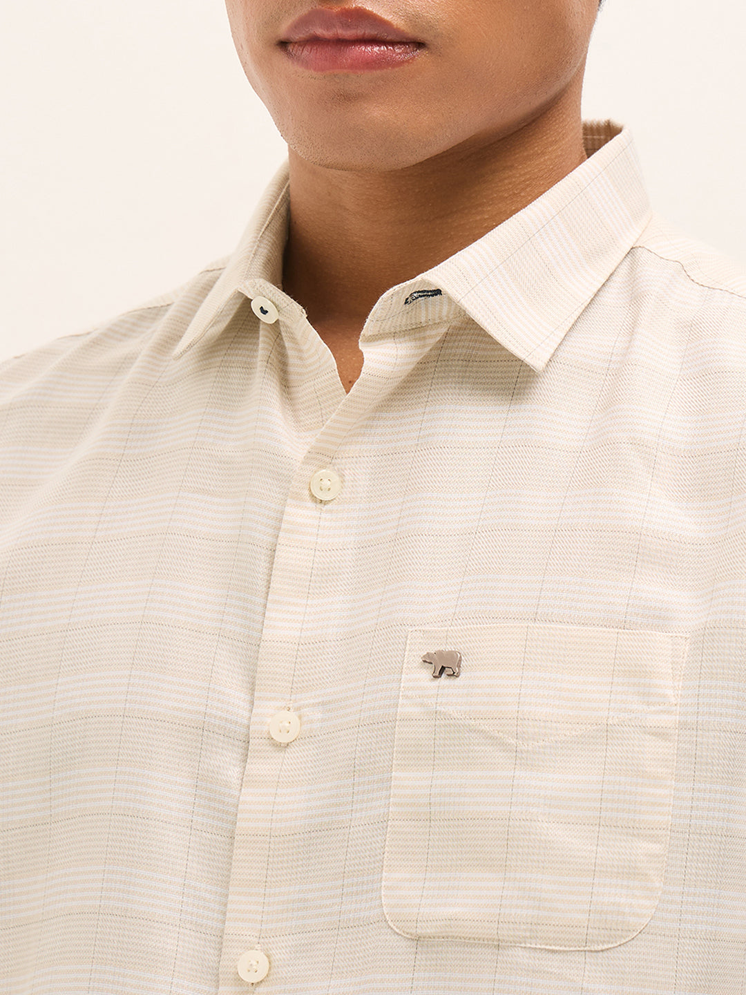 Beige Woven Checked Design Tailored Fit Formal Shirt