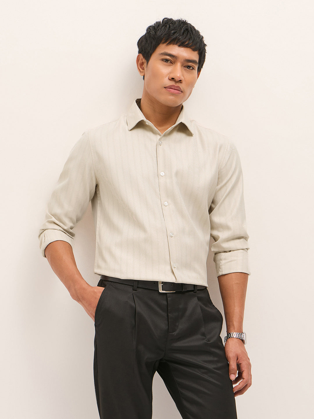 Beige Woven Stripe Pattern Tailored Fit Formal Shirt