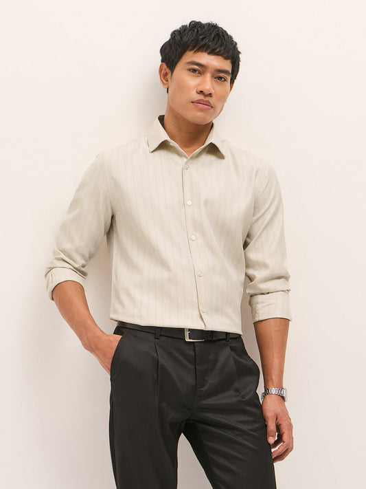 Beige Woven Stripe Pattern Tailored Fit Formal Shirt
