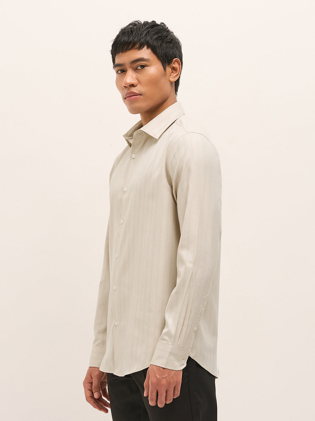 Beige Woven Stripe Pattern Tailored Fit Formal Shirt