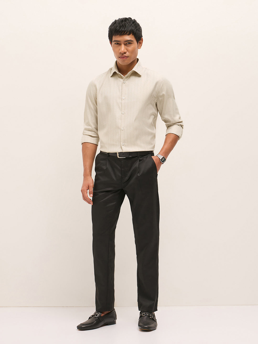 Beige Woven Stripe Pattern Tailored Fit Formal Shirt
