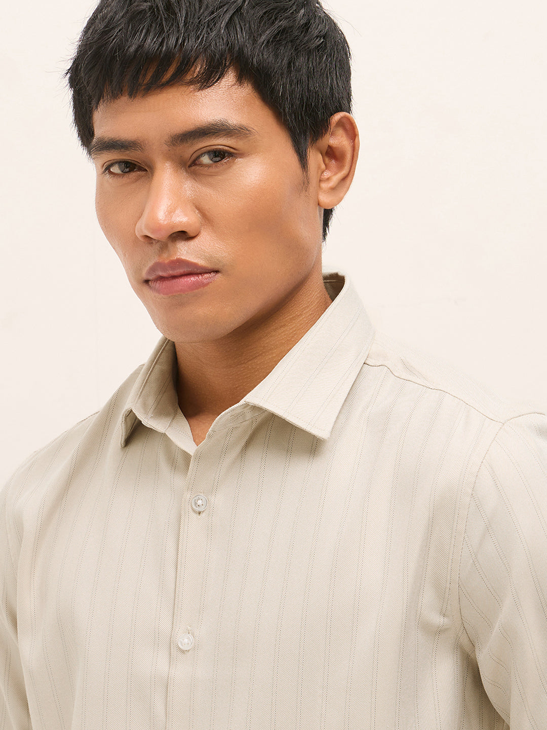 Beige Woven Stripe Pattern Tailored Fit Formal Shirt