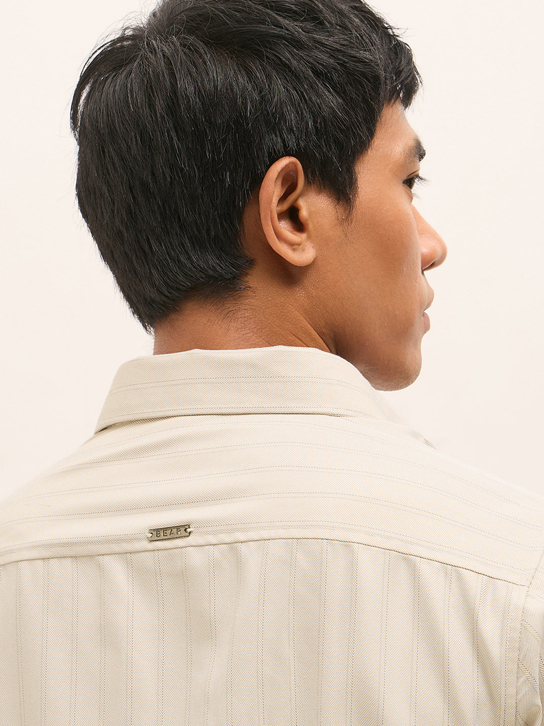 Beige Woven Stripe Pattern Tailored Fit Formal Shirt