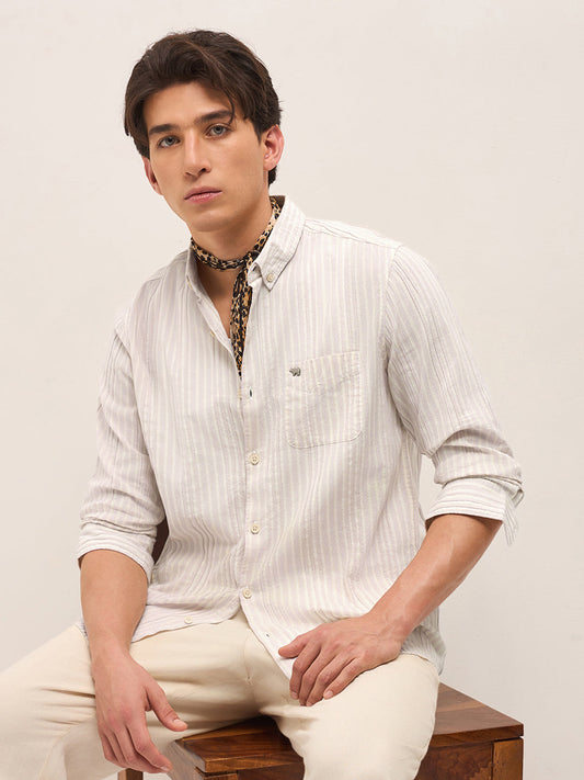 Pink Slim Fit Casual Shirt with Woven Vertical Textured Stripes