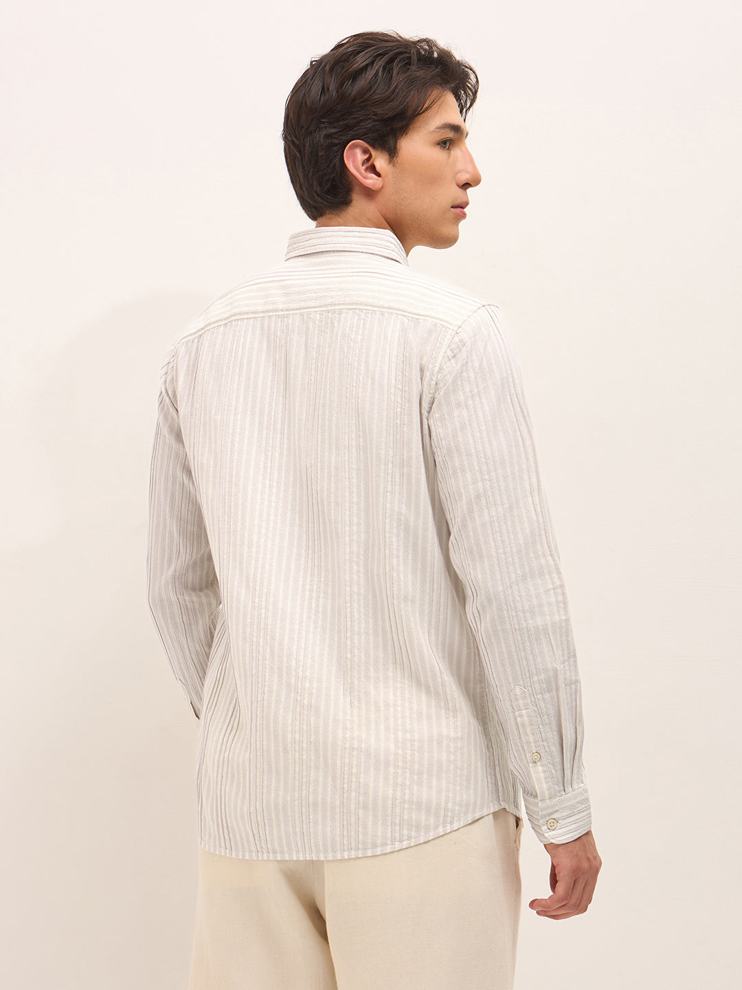 Pink Slim Fit Casual Shirt with Woven Vertical Textured Stripes