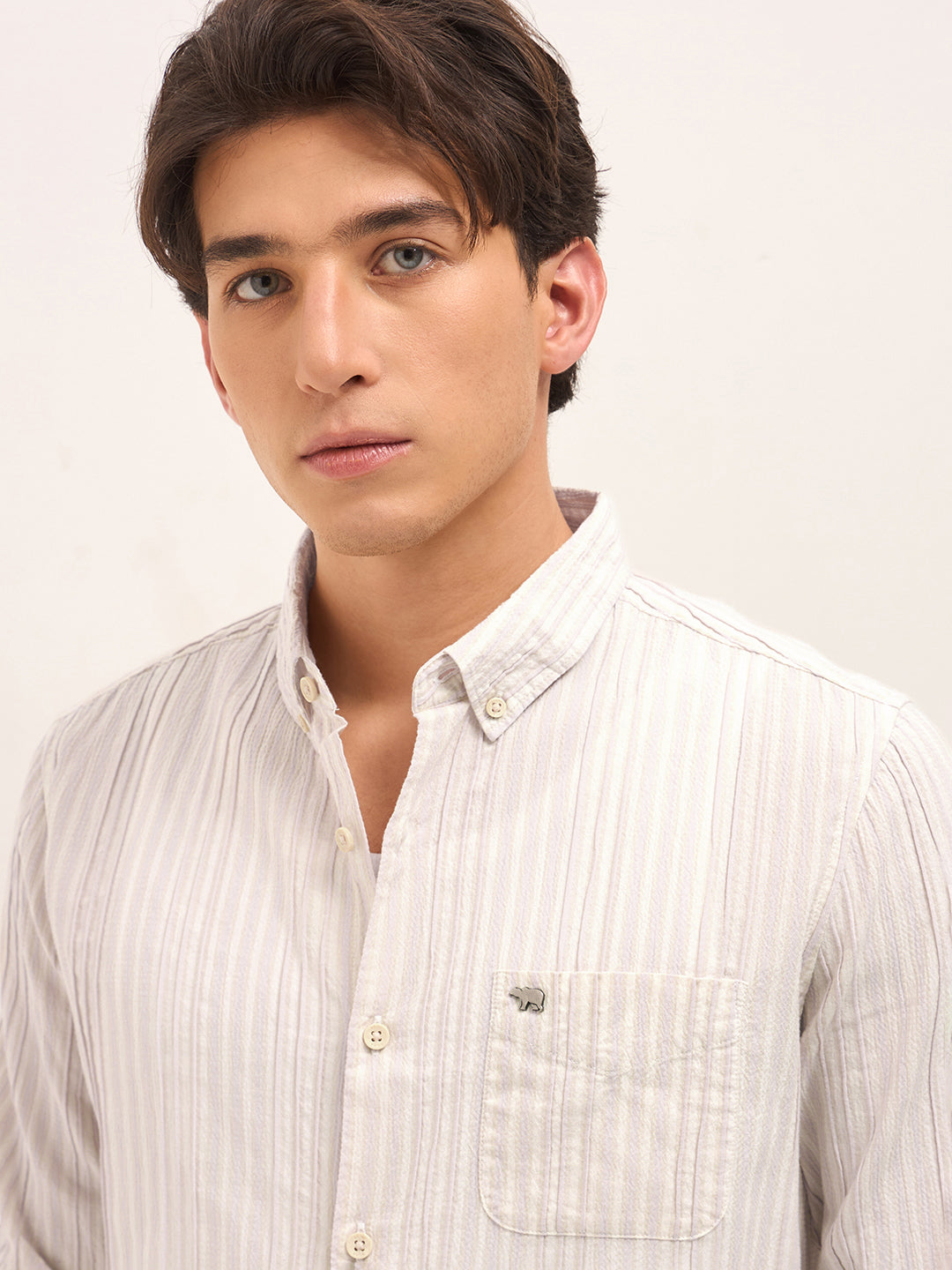 Pink Slim Fit Casual Shirt with Woven Vertical Textured Stripes
