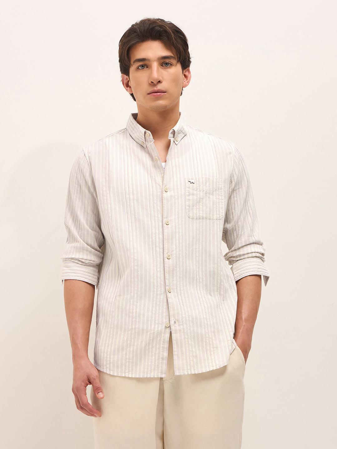 Pink Slim Fit Casual Shirt with Woven Vertical Textured Stripes