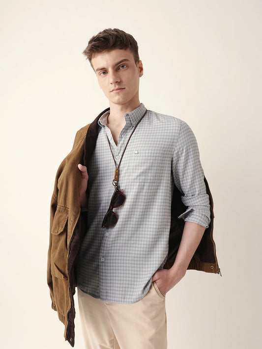 Grey & Light Blue Woven Micro-Checked Slim Fit Casual Shirt