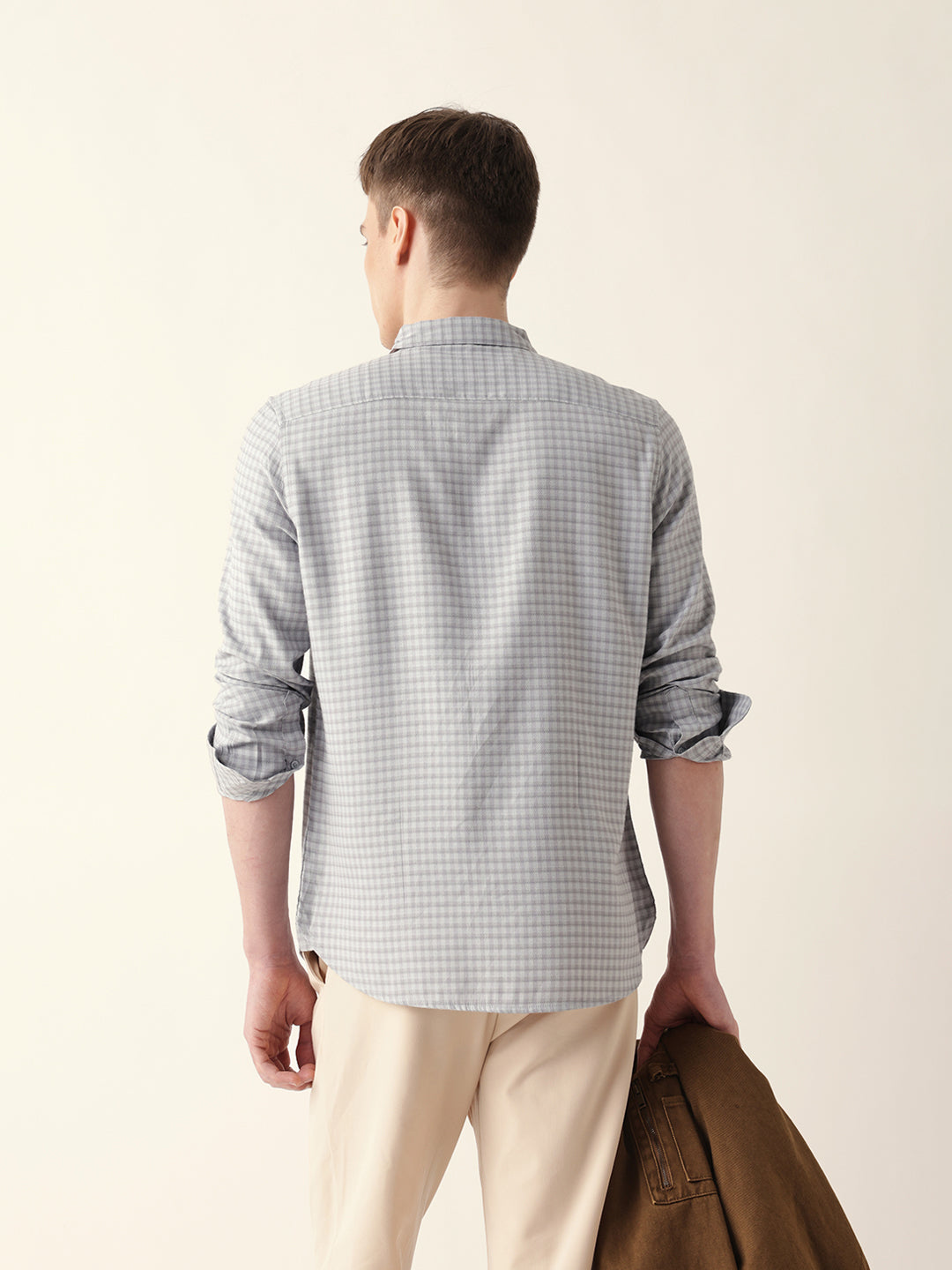 Grey & Light Blue Woven Micro-Checked Slim Fit Casual Shirt
