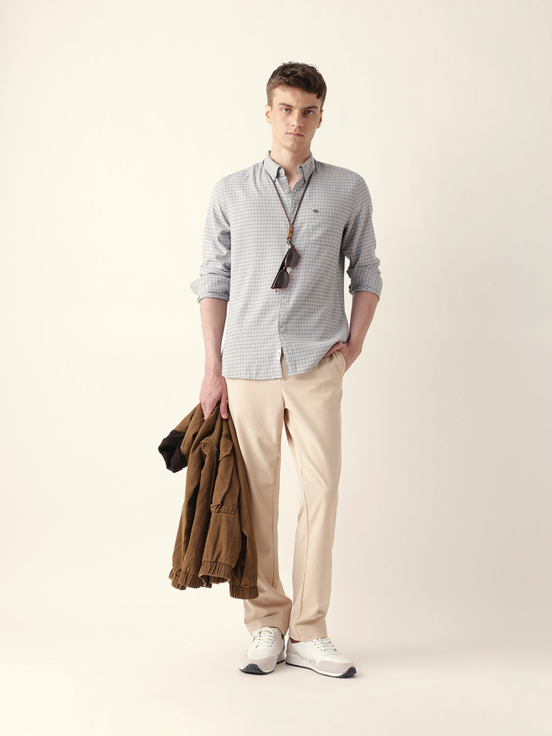Grey & Light Blue Woven Micro-Checked Slim Fit Casual Shirt