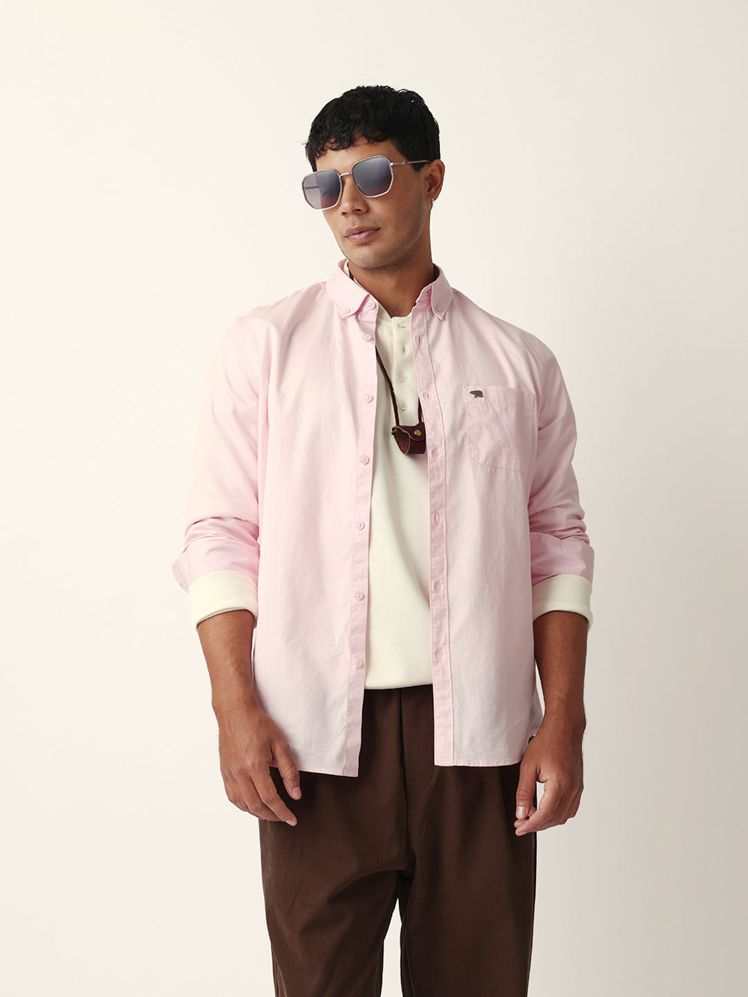 Pink Solid Slim-Fit Casual Shirt with Button-Down Collar