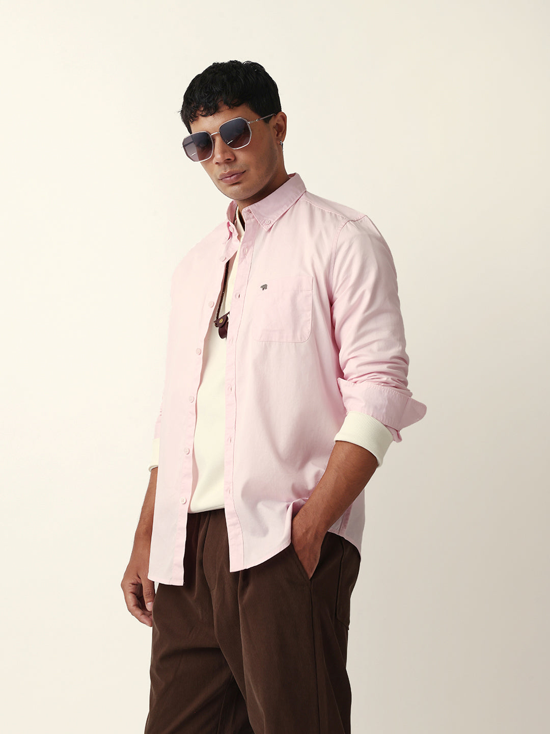 Pink Solid Slim-Fit Casual Shirt with Button-Down Collar