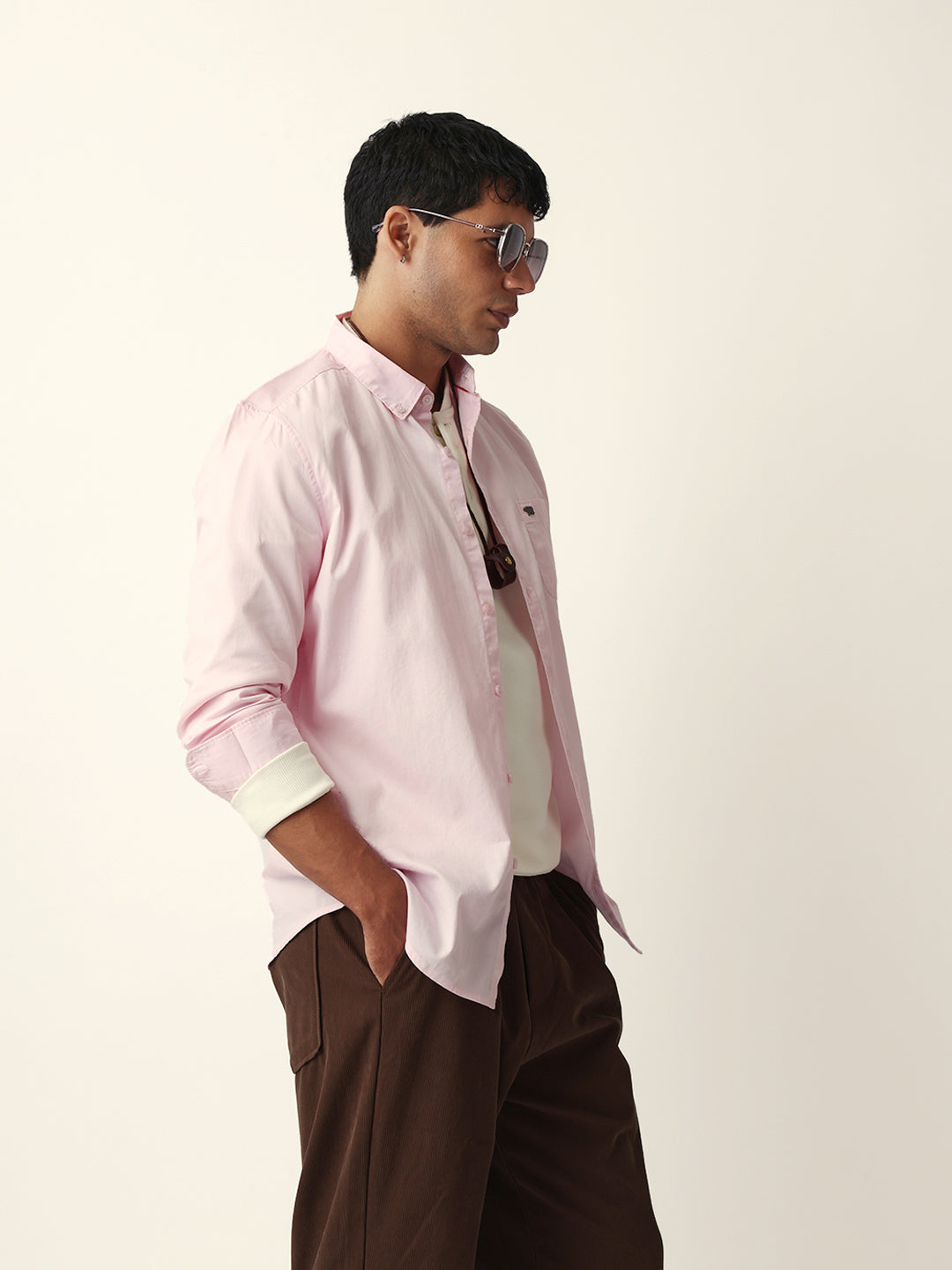 Pink Solid Slim-Fit Casual Shirt with Button-Down Collar