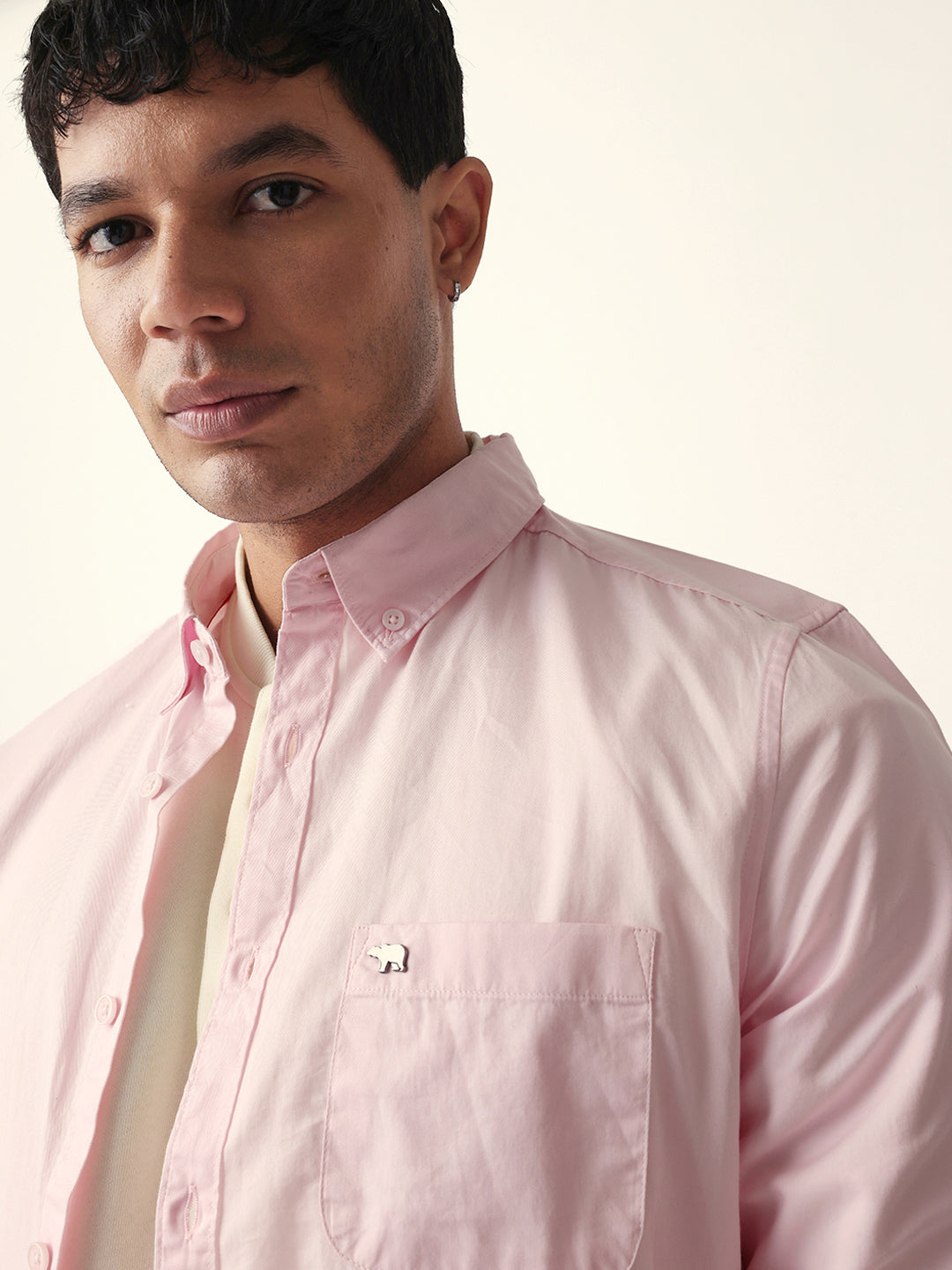 Pink Solid Slim-Fit Casual Shirt with Button-Down Collar