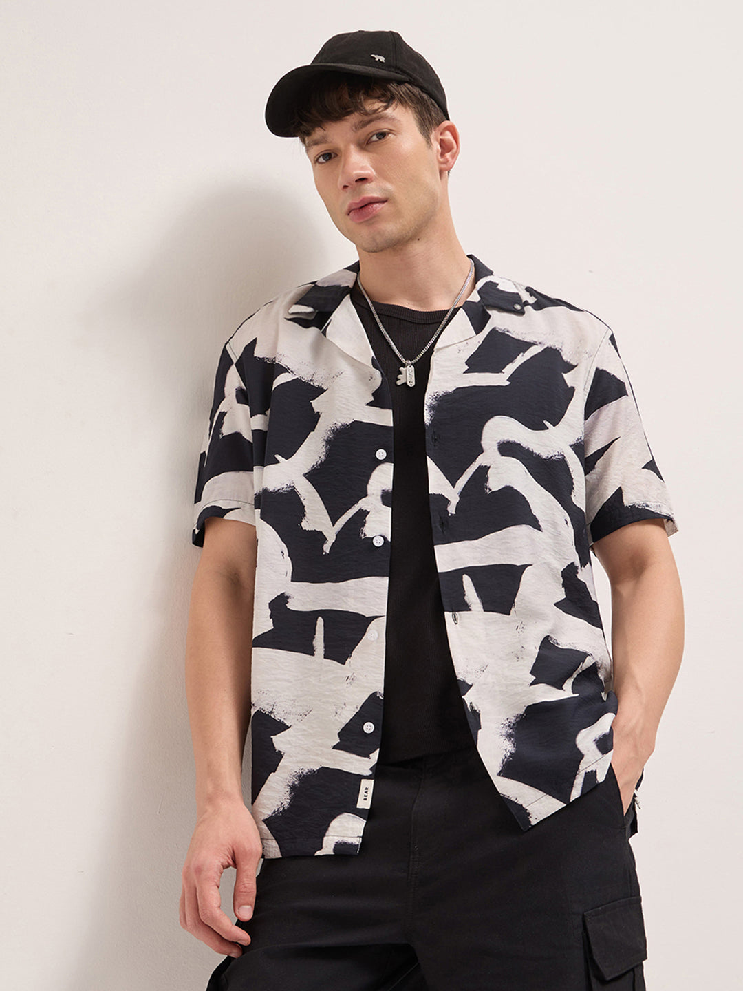 Black Abstract Brushstroke Print Relaxed Fit Cuban Collar Casual Shirt
