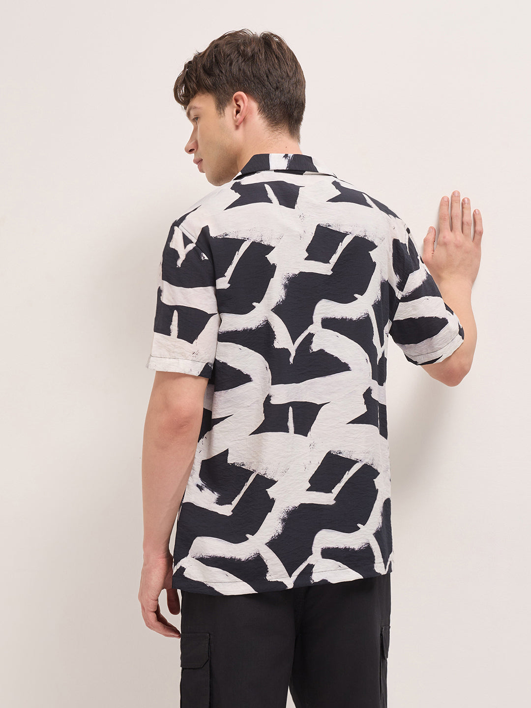 Black Abstract Brushstroke Print Relaxed Fit Cuban Collar Casual Shirt