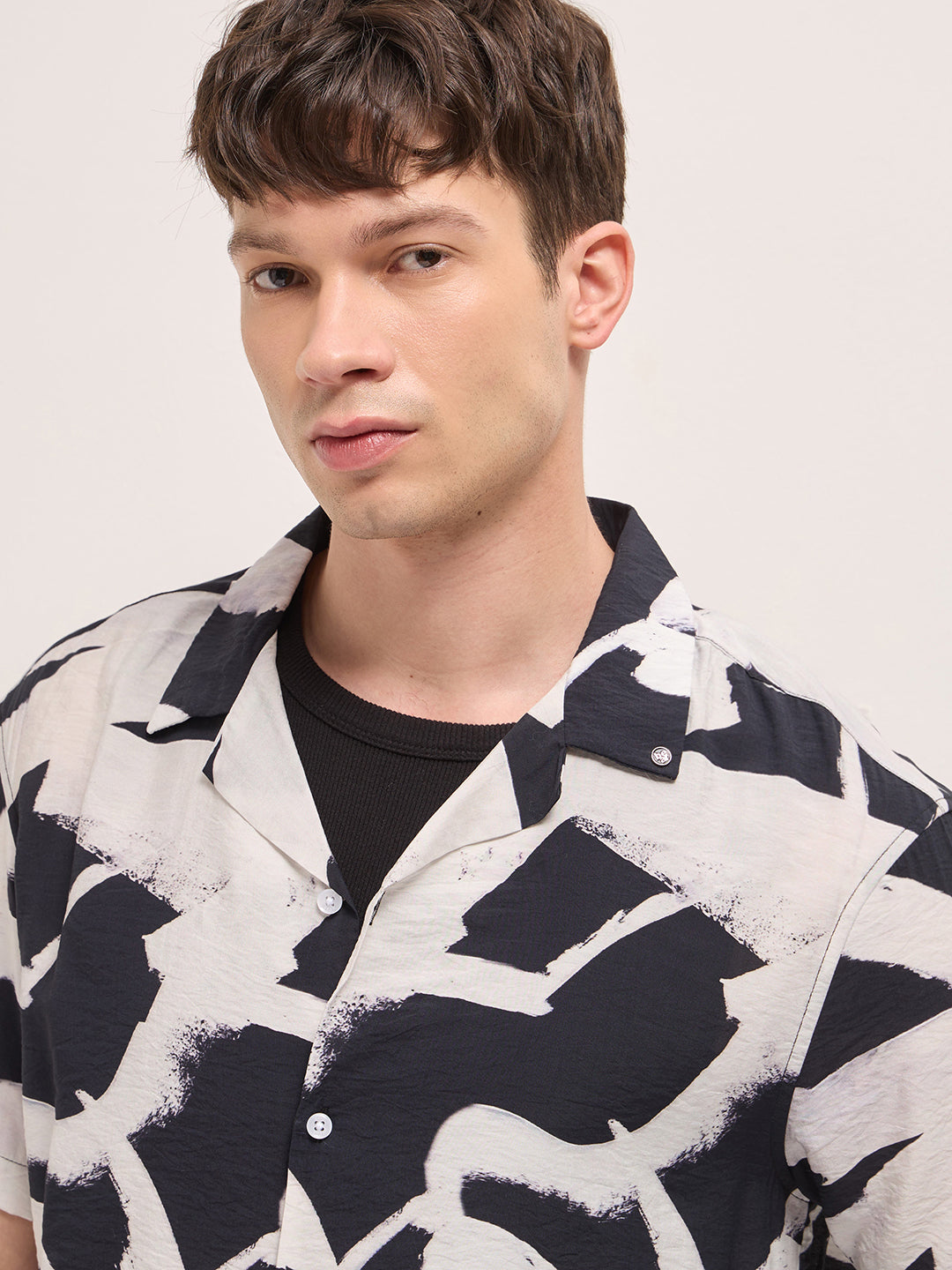 Black Abstract Brushstroke Print Relaxed Fit Cuban Collar Casual Shirt
