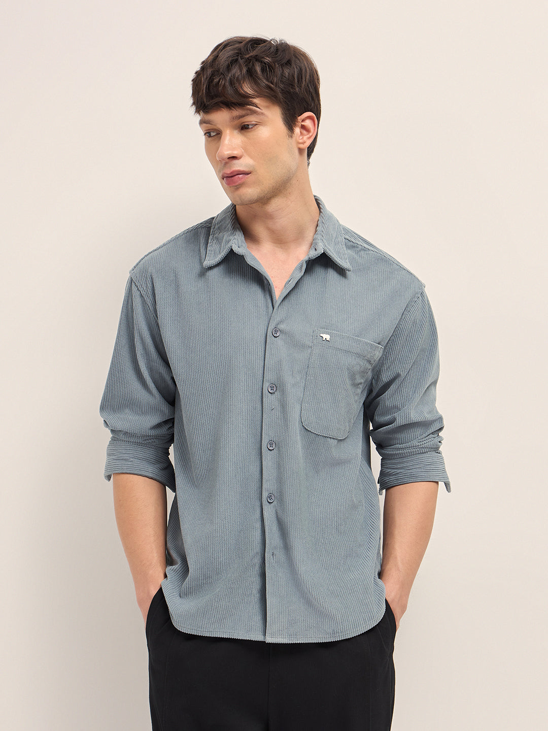 Grey Corduroy Relaxed Fit Textured Overshirt