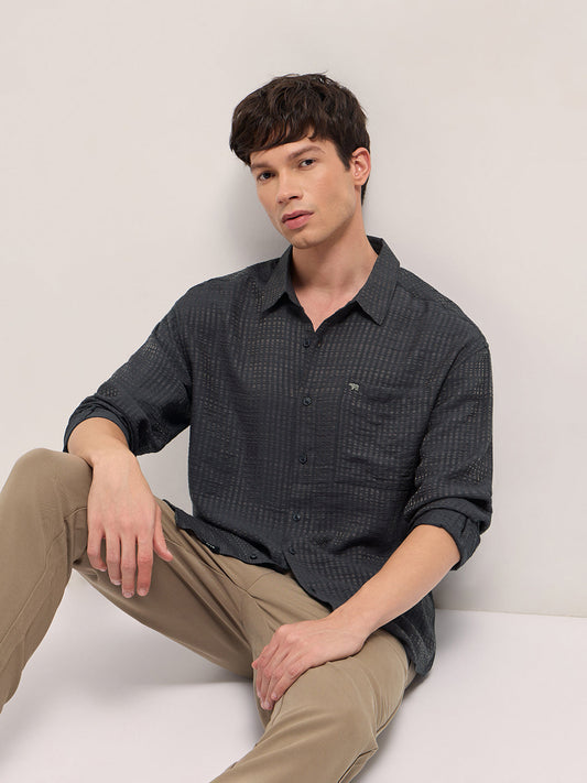 Purple Crinkled Stripe Textured Relaxed Fit Long Sleeve Shirt