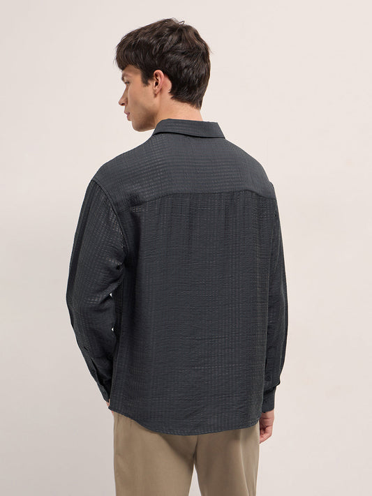 Purple Crinkled Stripe Textured Relaxed Fit Long Sleeve Shirt