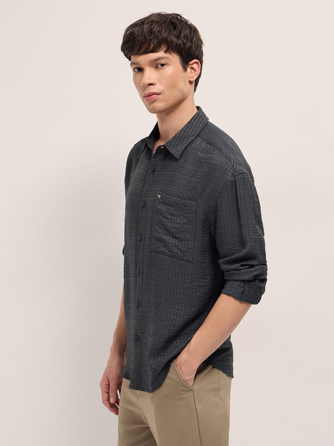 Purple Crinkled Stripe Textured Relaxed Fit Long Sleeve Shirt