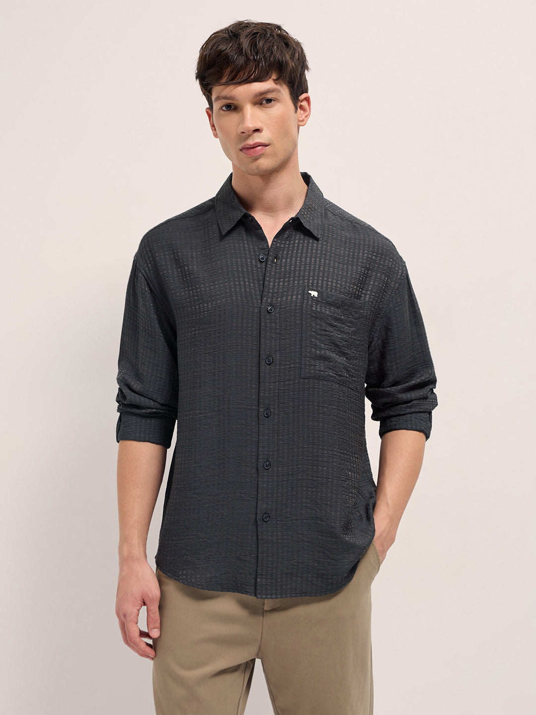 Purple Crinkled Stripe Textured Relaxed Fit Long Sleeve Shirt