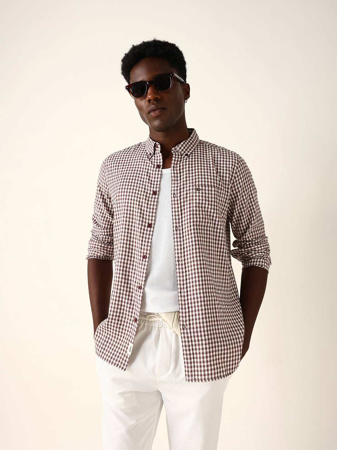 Maroon Woven Micro-Checked Slim Fit Casual Shirt