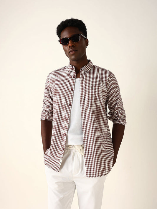 Maroon Woven Micro-Checked Slim Fit Casual Shirt