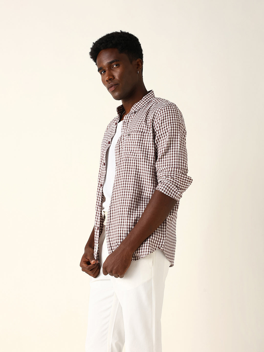 Maroon Woven Micro-Checked Slim Fit Casual Shirt