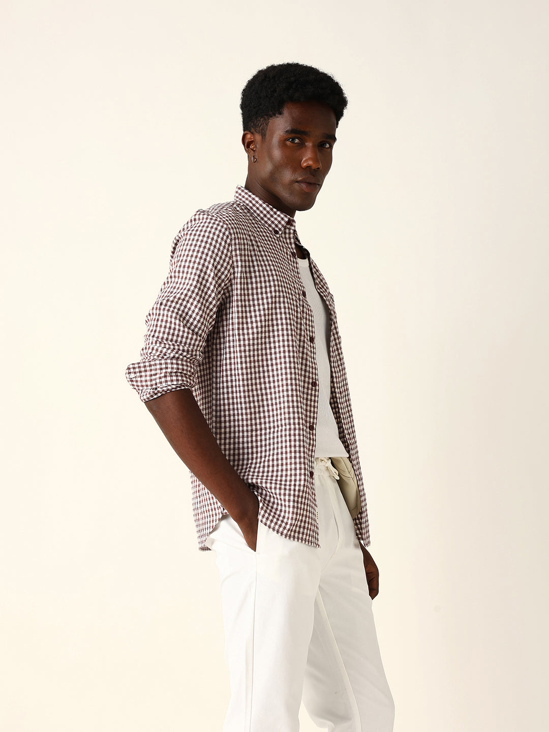 Maroon Woven Micro-Checked Slim Fit Casual Shirt