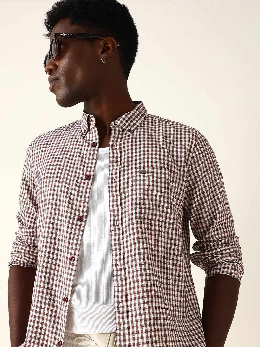 Maroon Woven Micro-Checked Slim Fit Casual Shirt