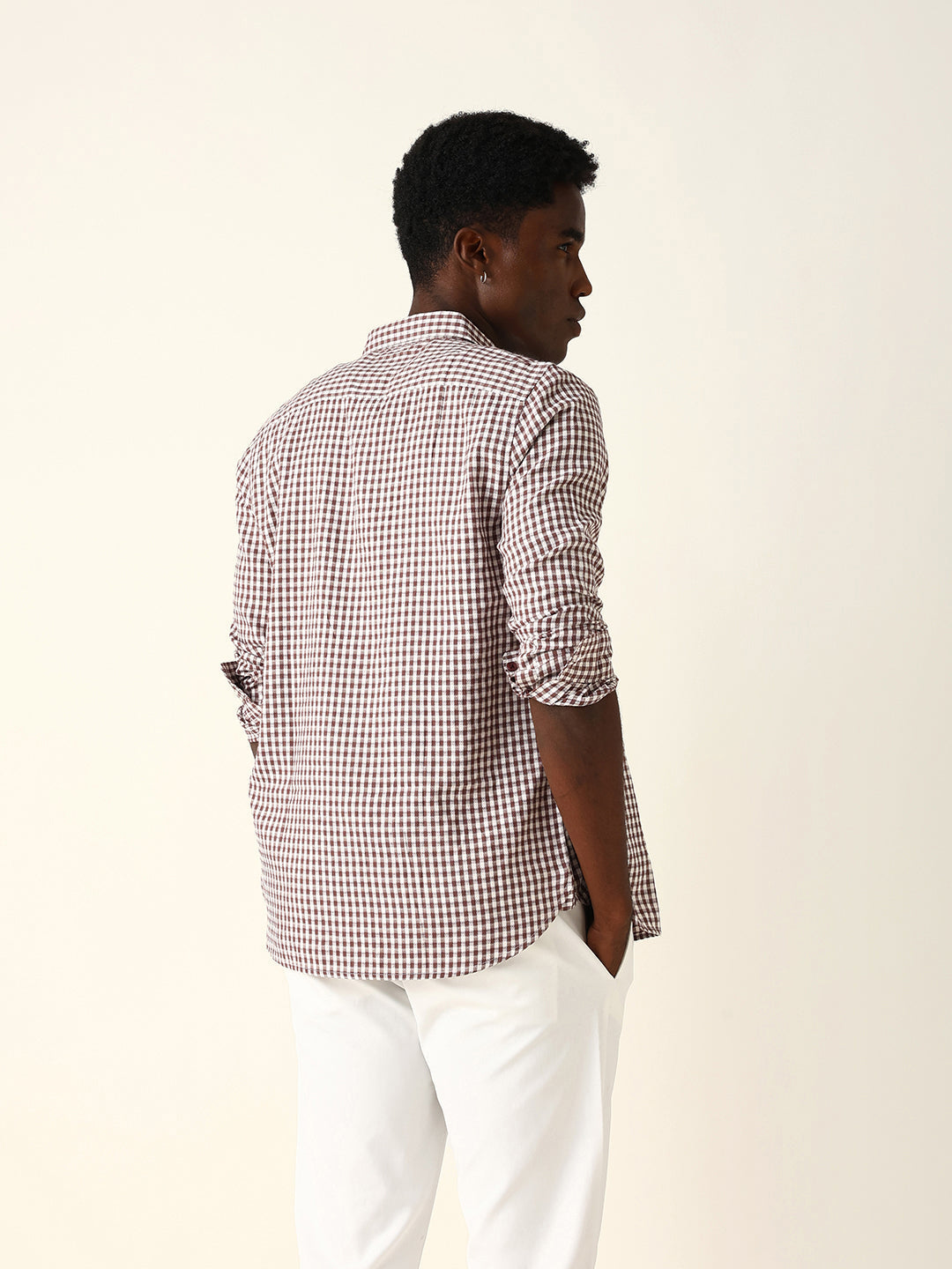 Maroon Woven Micro-Checked Slim Fit Casual Shirt